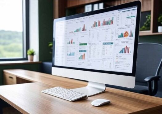 Desktop computer showing accounting program charts and graphs.