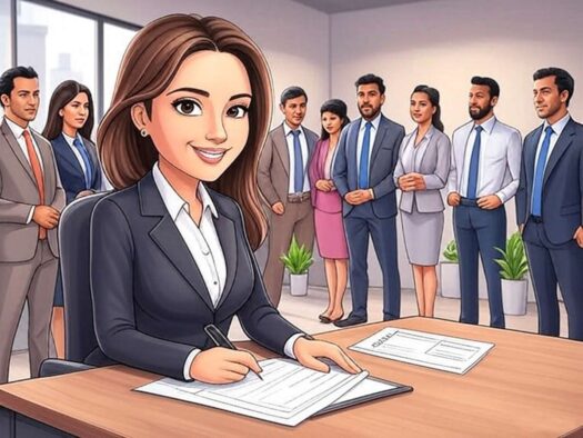 Cartoonish image showing a woman running payroll and paying employee taxes.